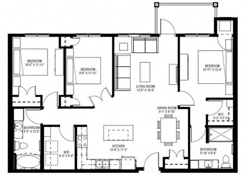 Floor plan for 3 beds, 2 baths, 1320 sqft